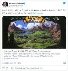 Richard Garriott Tweet About Unknown Realms